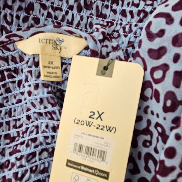 Womens Plus Size 2X Smocked Long Sleeve Leopard Print Blouse Blue & Purple - Picture 11 of 13